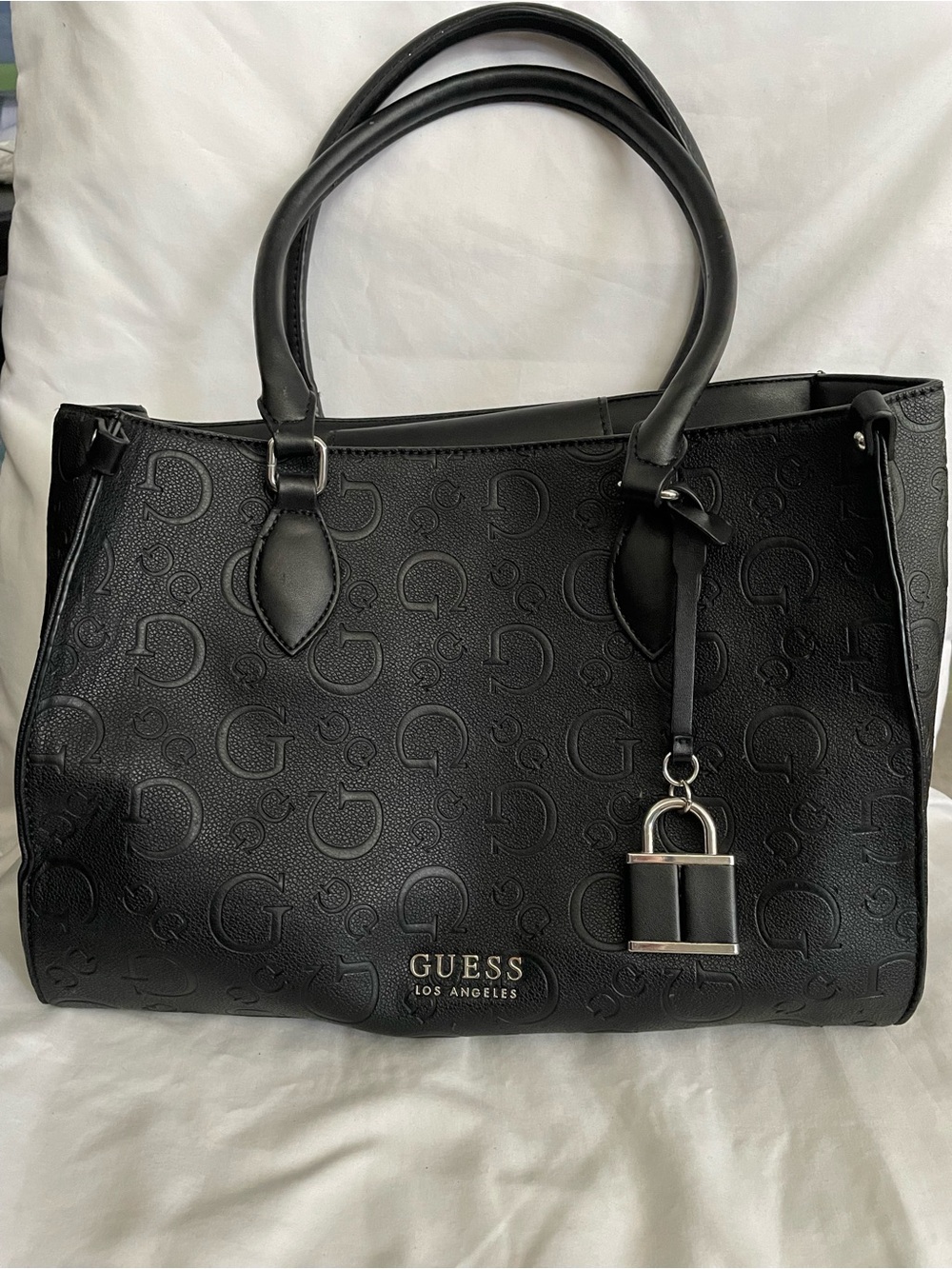 GUESS Black Embossed Logo Tote with Padlock Charm